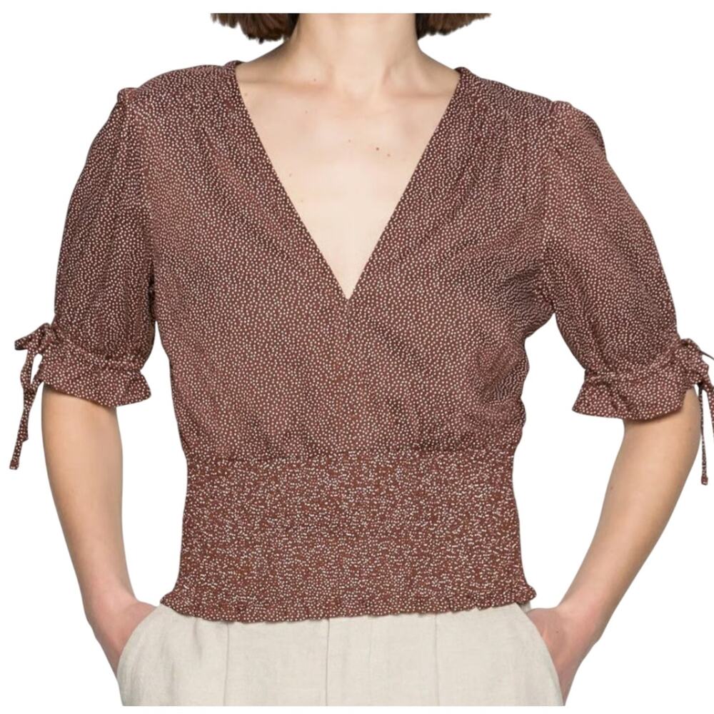 Abercrombie & Fitch Brown Polka Dot Tie Sleeve Smocked Waist Top size S NEW Tags